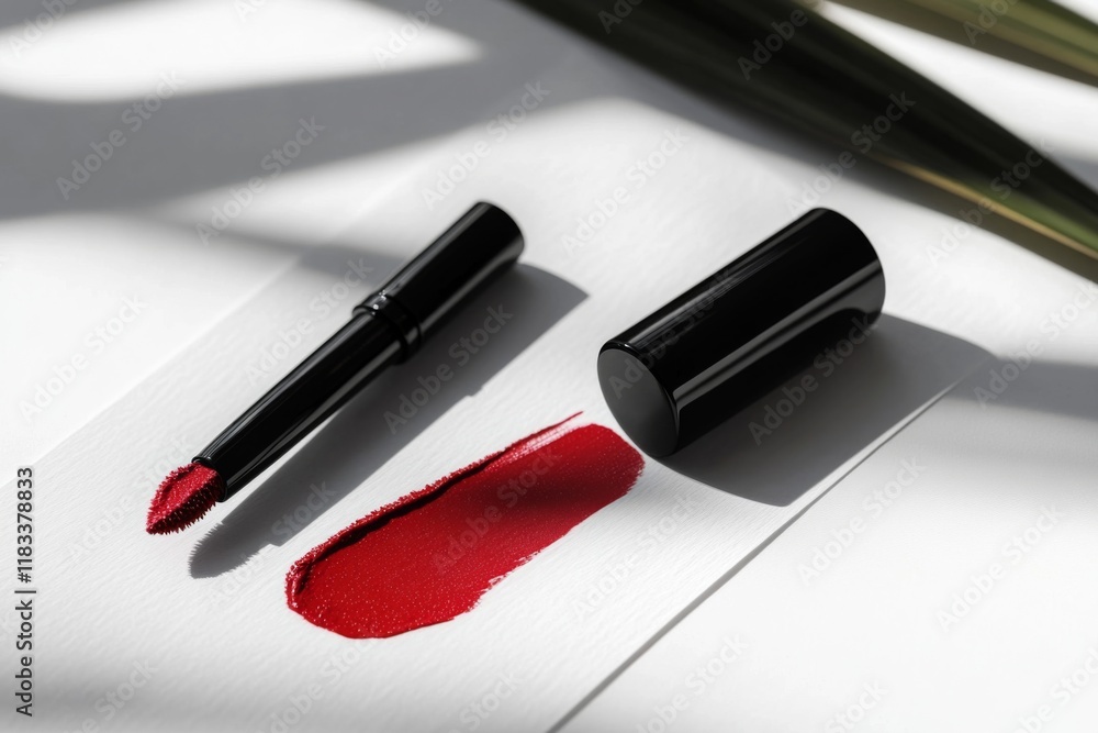 Obraz premium Red lipstick and eyeliner on white background