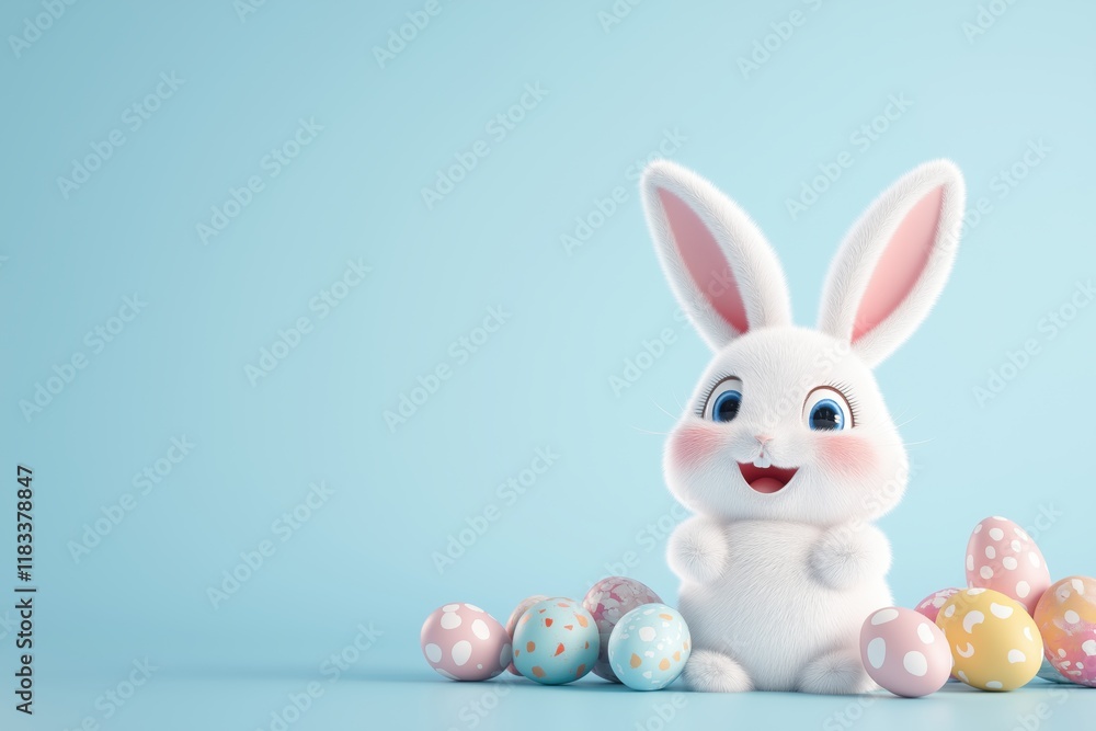 cute white bunny with easter eggs, 3d cartoon background cute white bunny with easter eggs, 3d cartoon background
