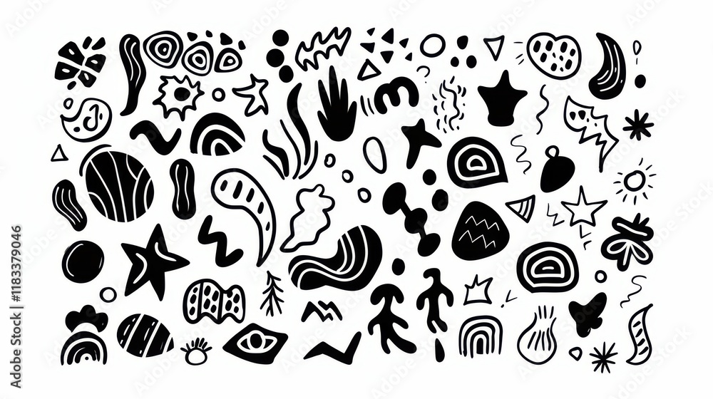 Fototapeta premium Decorative Elements in the Form of Abstract Doodle Shapes