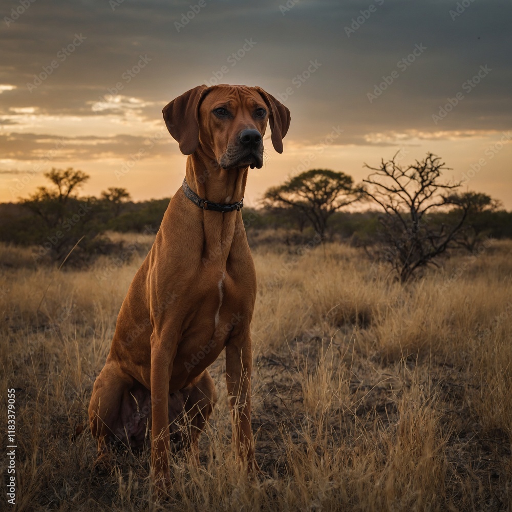 A Rhodesian ridgeback standing tall in a savanna. A Rhodesian ridgeback standing tall in a savanna.