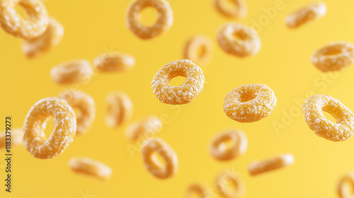 floating cheerios isolated on yellow background	 photo