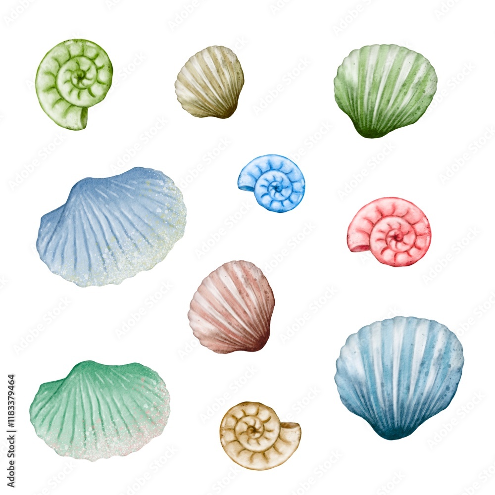 Colorful seashells and marine life arranged in a captivating display Colorful seashells and marine life arranged in a captivating display