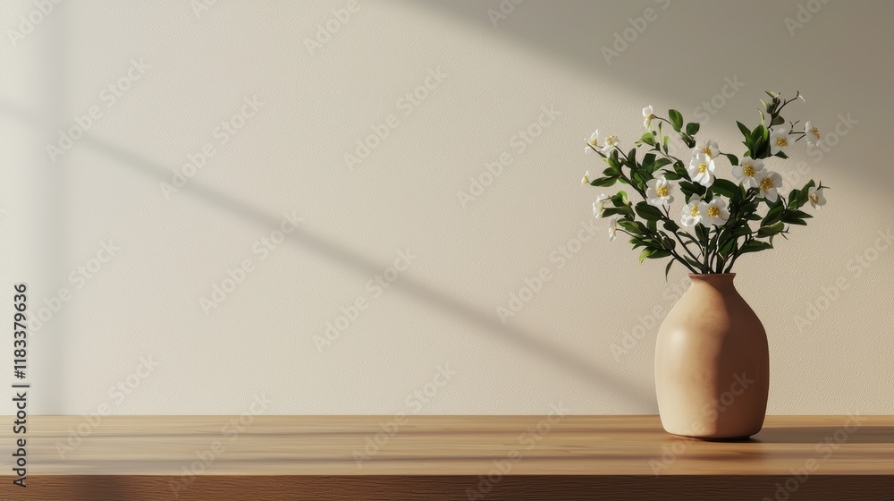 Sunlight illuminating white flowers in vase on wooden table Sunlight illuminating white flowers in vase on wooden table