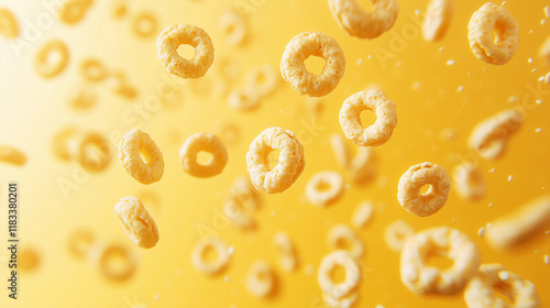 floating cheerios isolated on yellow background	 photo