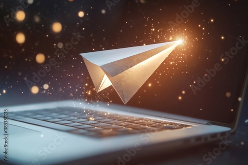 Paper airplane glowing in golden light above a laptop