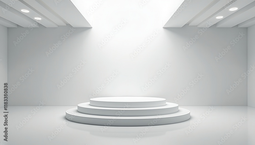 Obraz premium A reflective white 3D room featuring a layered podium and dynamic ceiling lighting.