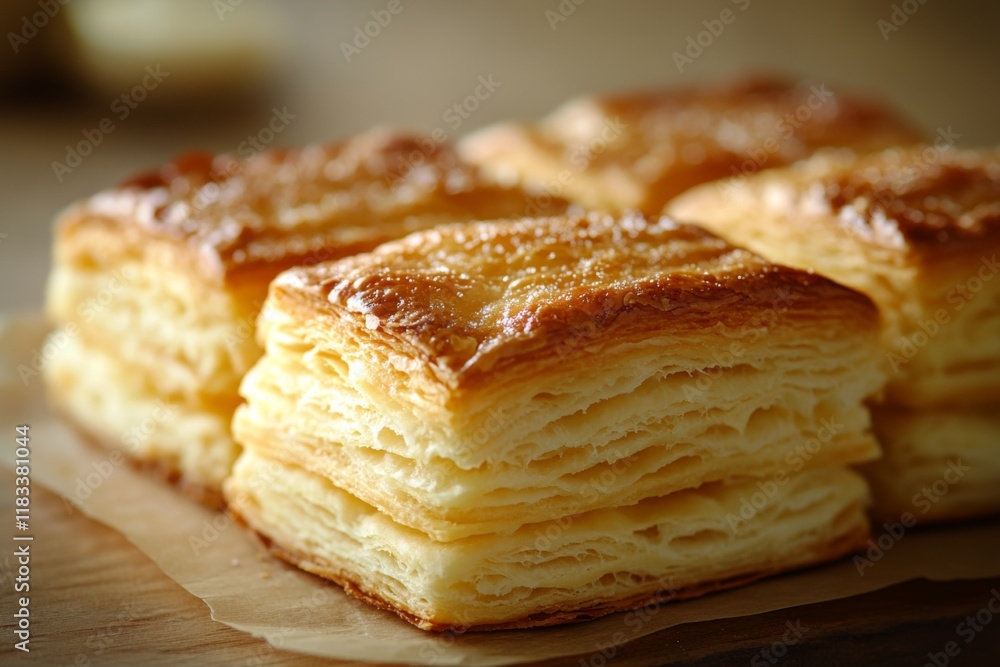 Layered puff pastry with golden crust on a plate Layered puff pastry with golden crust on a plate