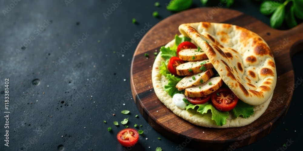 Delicious grilled chicken and tomato pocket bread on wooden board Delicious grilled chicken and tomato pocket bread on wooden board