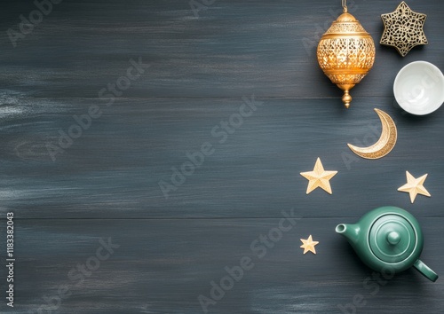 Ramadan and Eid Festive Flat Lay with Moon and Star Decorations, Perfect for Christmas Themes photo