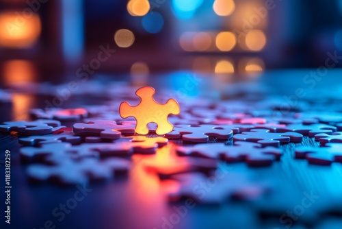 Puzzle pieces glowing in blue light symbolizing solutions and teamwork photo