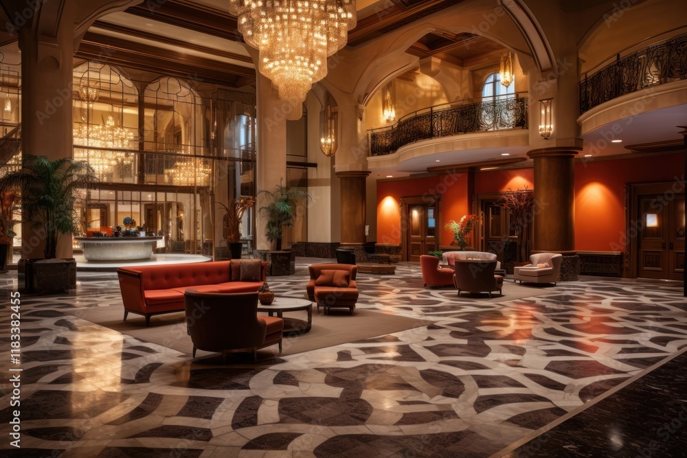 Obraz premium Modern hotel reception lobby architecture chandelier furniture.