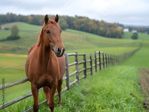 Horses graze peacefully in lush green pasture photo