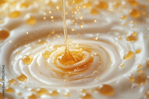 Golden honey being drizzled over a bowl of creamy yogurt photo