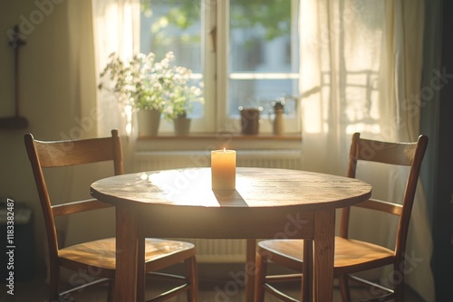 Cozy dining table with candlelight in a warm rustic setting photo