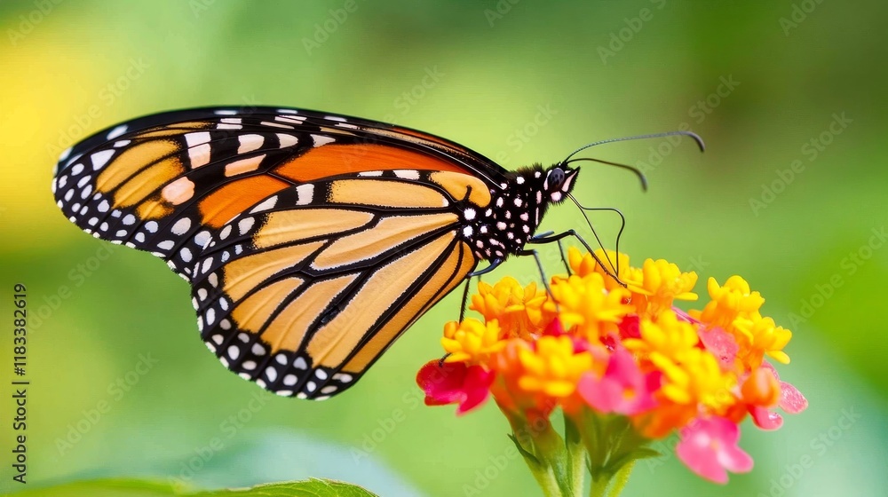 Fototapeta premium A vibrant monarch butterfly perched on a colorful flower in a natural setting.