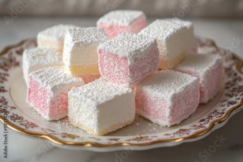 Colorful marshmallows stacked on a wooden plate photo