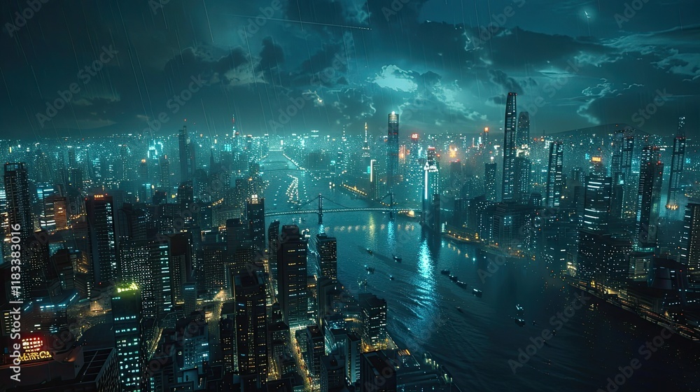Naklejka premium city at night, super detailed, Hyper-detailed, cinematic lighting, tone mapping, post-processing, professional color grading