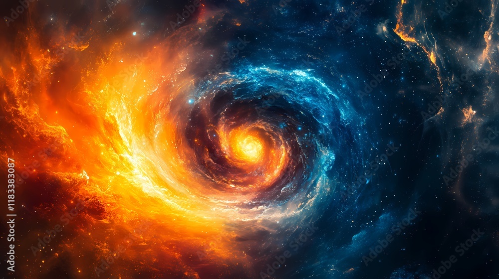 Vivid Cosmic Swirl of Orange and Blue Energy in a Spiral Galaxy Showcasing Stellar Phenomena and Celestial Wonders for Science and Art Inspiration