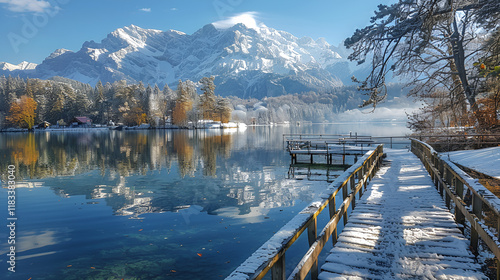 Capture reflections of snowy peaks in a serene lake photo