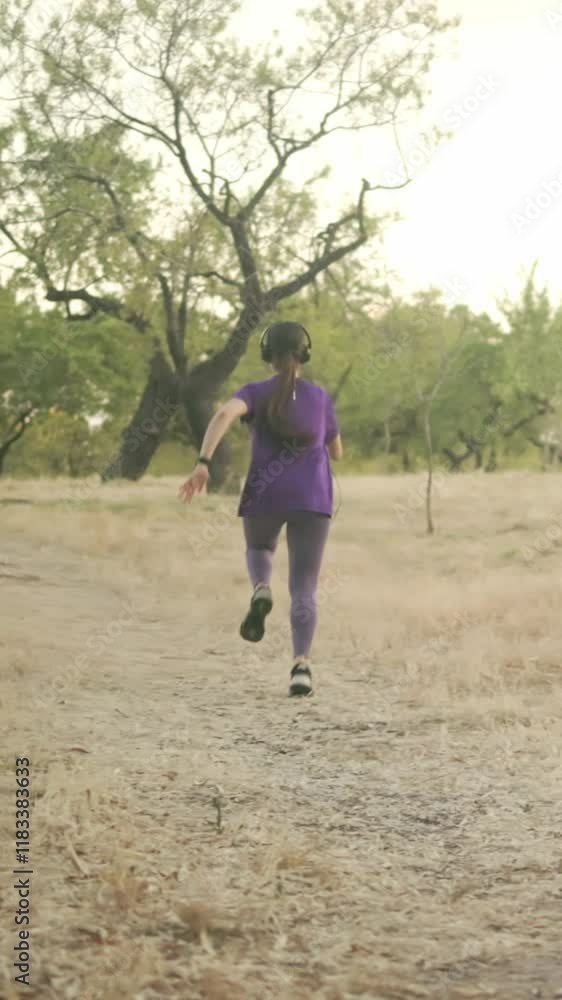 Latin woman running outdoors with headphones Latin woman running outdoors with headphones