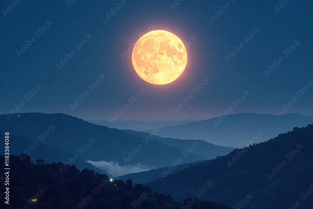 Silvery light of the full moon on cloudy hills, silvery light, misty, peaceful Silvery light of the full moon on cloudy hills, silvery light, misty, peaceful