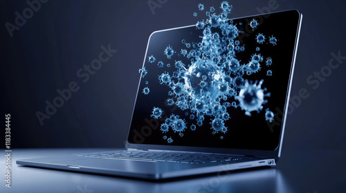 A sleek laptop emits digital virus-like particles, illustrating cybersecurity threats in a modern tech environment.