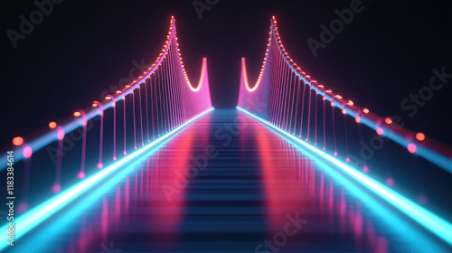 A futuristic bridge with glowing neon lights creates a mesmerizing pathway, inviting viewers into a digital realm.