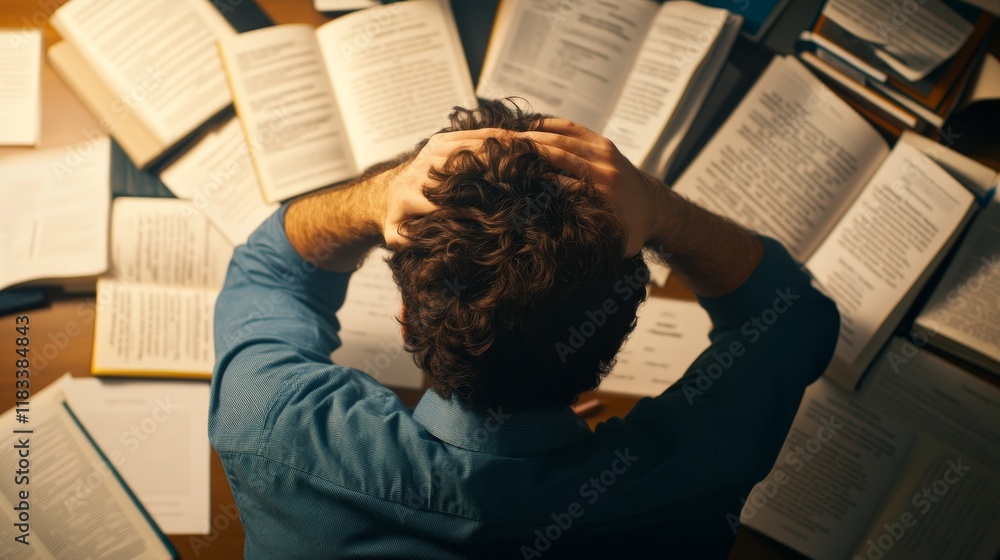 A person appears stressed while studying among scattered books and notes.