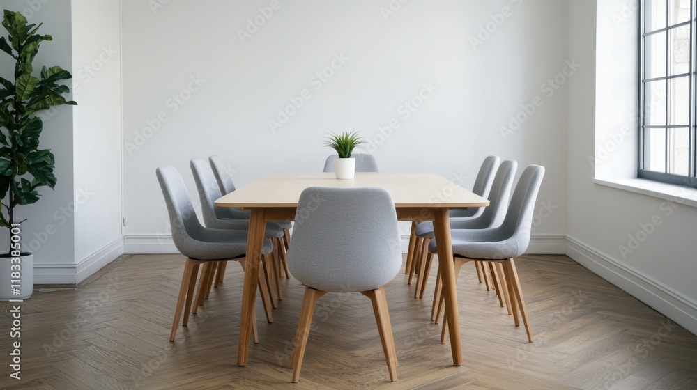Fototapeta premium Modern boardroom with wooden table and gray chairs showcasing minimalist design