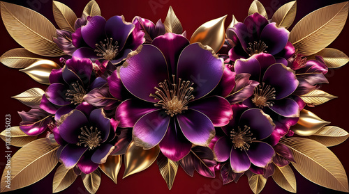 Luxurious floral composition symmetrical arrangement of stylized purple flowers with metallic sheen and gold edges on deep red background. Ideal for greeting cards, packaging, branding projects.