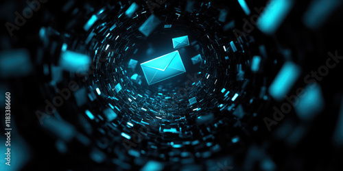 A digital tunnel filled with glowing envelopes, representing the flow of emails and communication in a vibrant, futuristic setting.