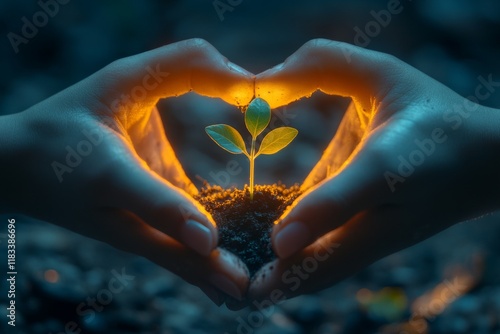 Hands forming a glowing heart around a sprouting plant symbolizing care and growth photo