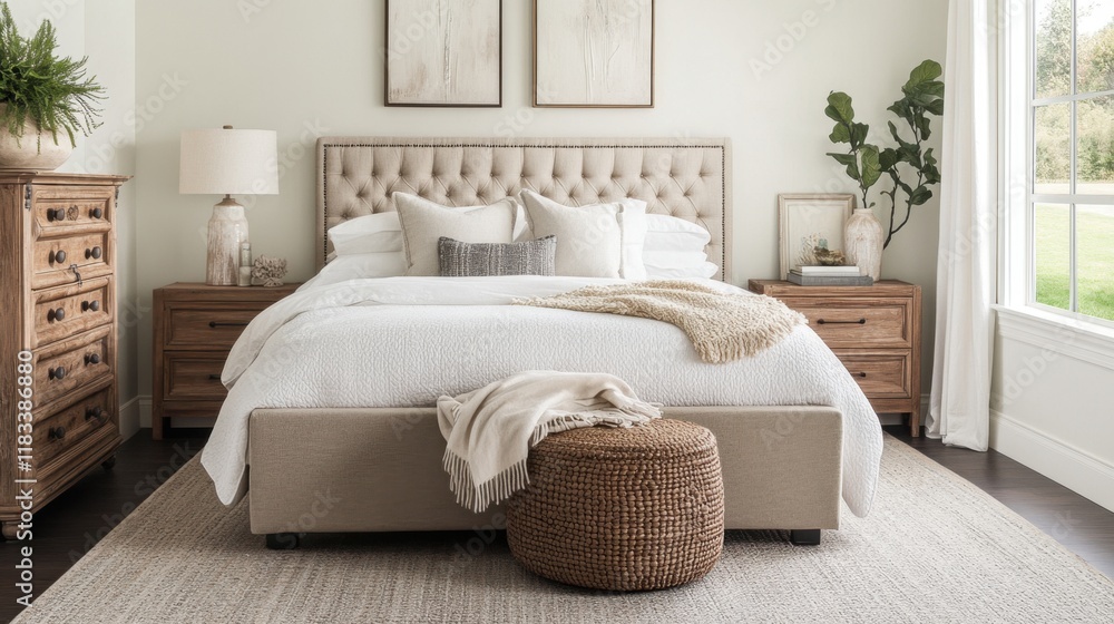 Fototapeta premium Cozy bedroom with layered textures, a plush bed, and modern accents, set against an infinite background.