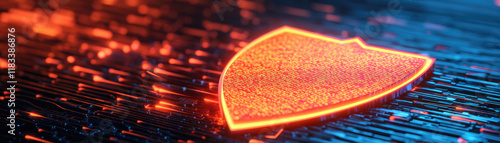 A glowing shield icon on a digital background, symbolizing protection and cybersecurity in a modern, tech-inspired setting.