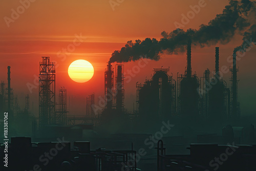 Oil refinery with towering structures and pipelines at sunset photo