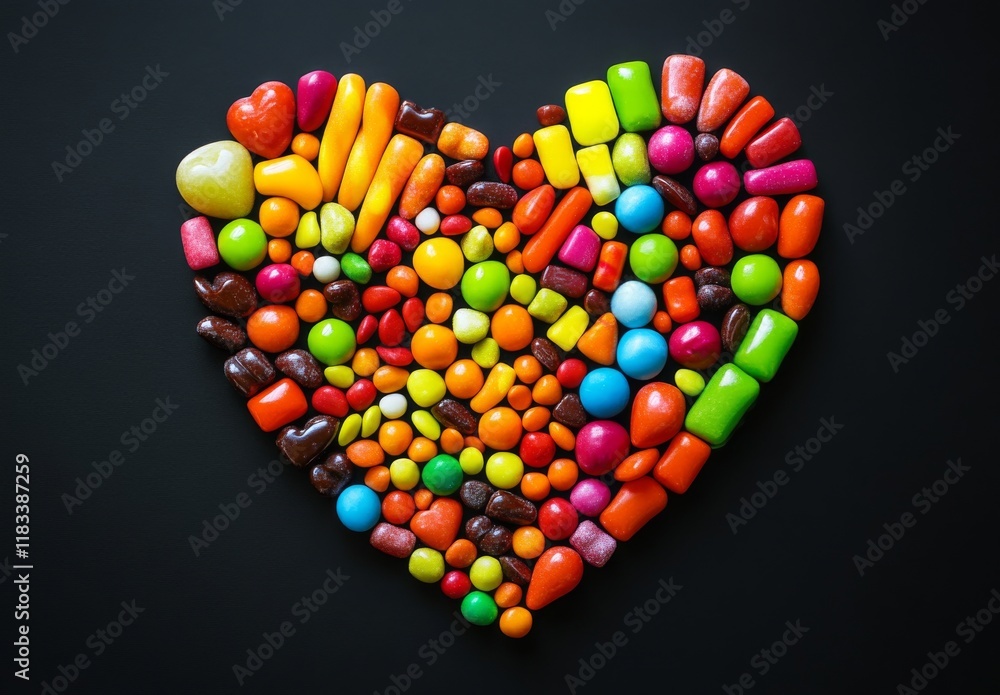 Colorful Candies Arranged in Heart Shape on Black Background. Colorful Candies Arranged in Heart Shape on Black Background.