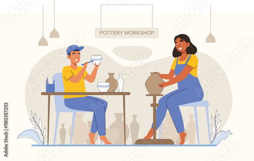 Creative pottery workshop illustration for art enthusiasts, emphasizing hands-on creativity.