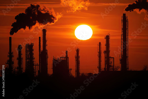 Oil refinery with towering structures and pipelines at sunset photo