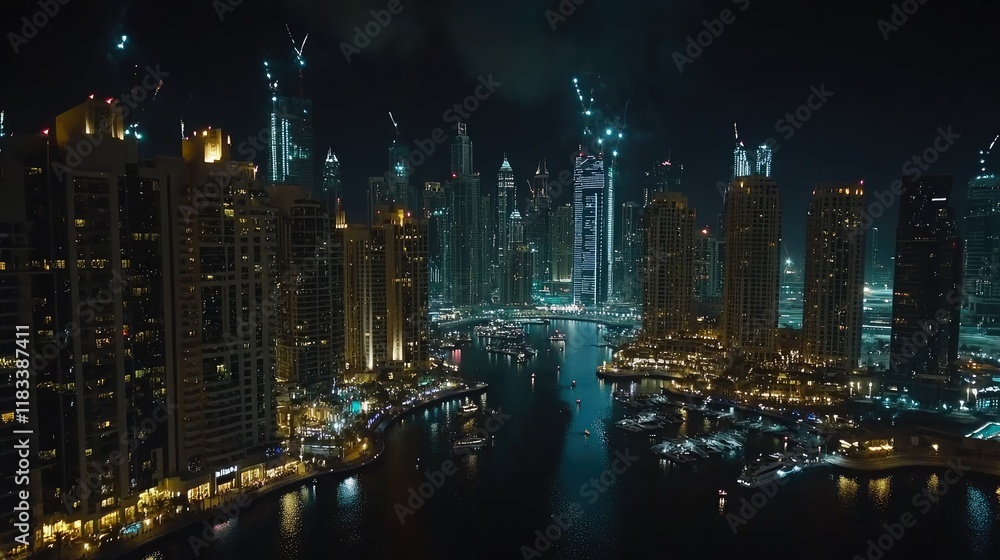 Fototapeta premium Fireworks over Dubai Marina during the shopping festival, providing ample copy space for text