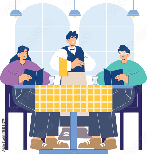 Hospitality illustration showcasing hotel guests and waitstaff interactions in a welcoming design.