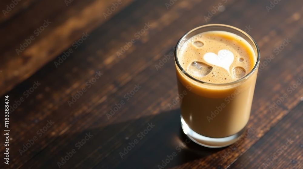 A Refreshing Iced Coffee Drink with Heart Shaped Foam Art on a Dark Wood Table A Refreshing Iced Coffee Drink with Heart Shaped Foam Art on a Dark Wood Table