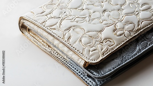 Two purses with gold and silver designs on them photo