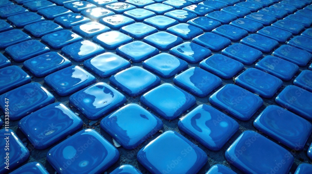 Fototapeta premium A vibrant perspective of a patterned surface composed of numerous glossy, azure square tiles arranged in a grid-like formation.