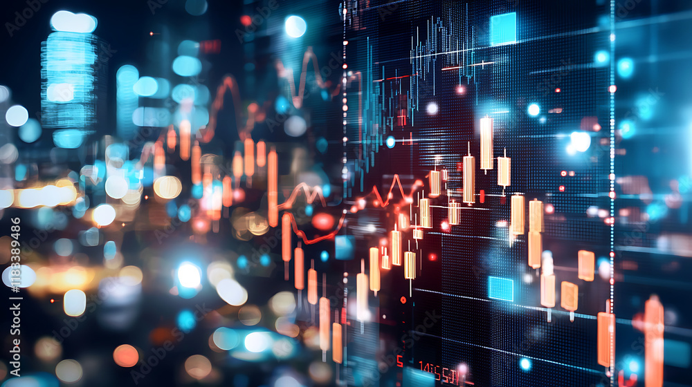 Obraz premium vibrant digital display of stock market trends and data analysis, showcasing fluctuating graphs and financial metrics in bustling cityscape