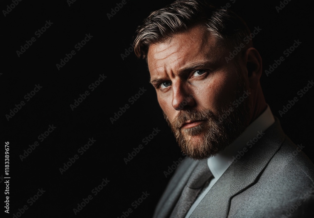 Obraz premium Confident Businessman Posing in Grey Suit Against Black Background.