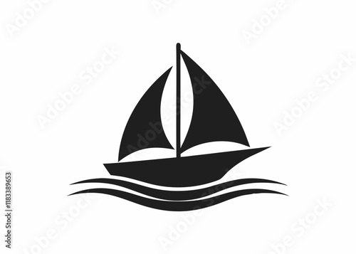 black and white silhouette, sailing ship, stylized waves, minimalist design, nautical icon, smooth curves, symmetrical composition, vector graphic style, simple shapes, maritime theme, contrast, clean