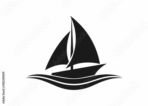 black and white silhouette, sailing ship, stylized waves, minimalist design, nautical icon, smooth curves, symmetrical composition, vector graphic style, simple shapes, maritime theme, contrast, clean