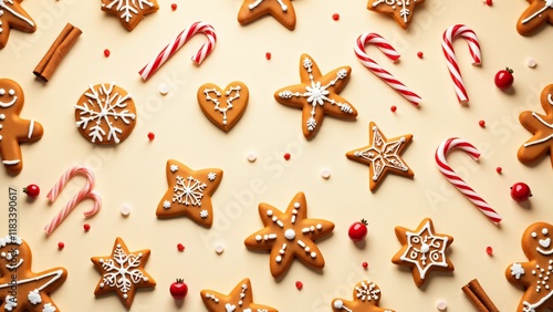 A seamless pattern of festive gingerbread cookies with intricate icing on a warm beige background. Candy canes and cinnamon sticks add holiday charm, ideal for seasonal packaging and designs. photo