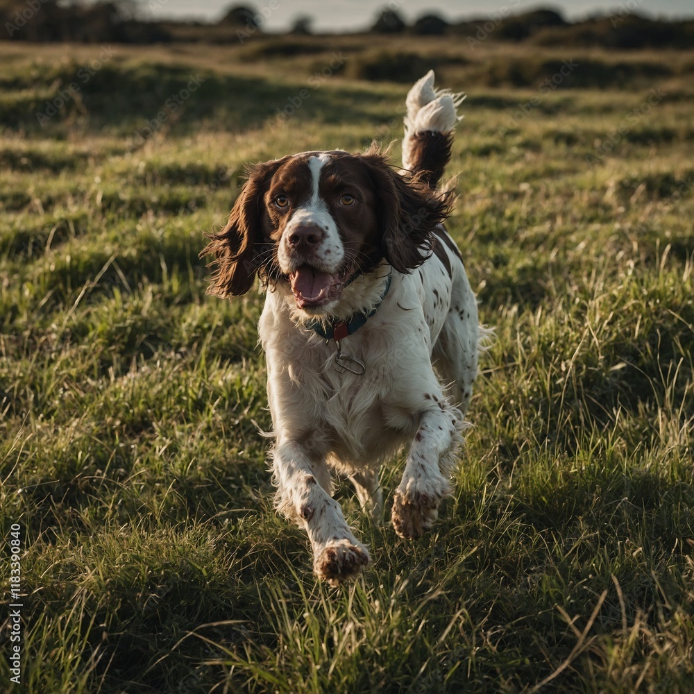 A springer spaniel pointing in a grassy field. A springer spaniel pointing in a grassy field.