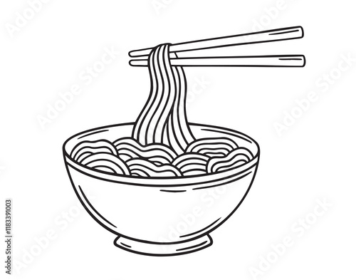 Bowl of noodle with chopsticks doodle hand drawn icon. Outline drawing bowl of noodle with chopsticks line clipart symbol